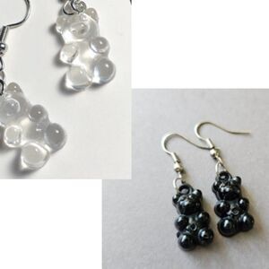 2 Pairs Set of Solid Black & Clear Gummy Bear Earrings